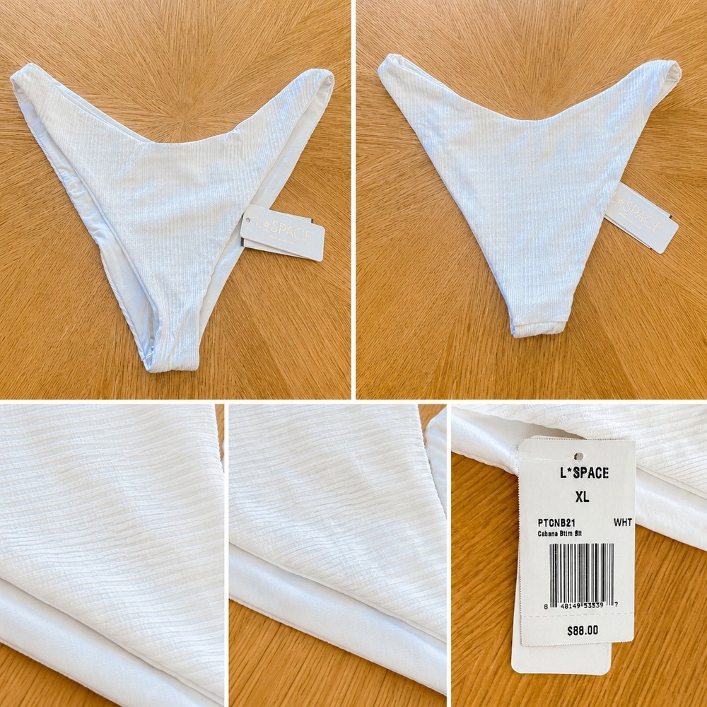 L*Space‎ Womens Bikini Bottom XL White Cabana Ribbed High Cut Beach Minimalist